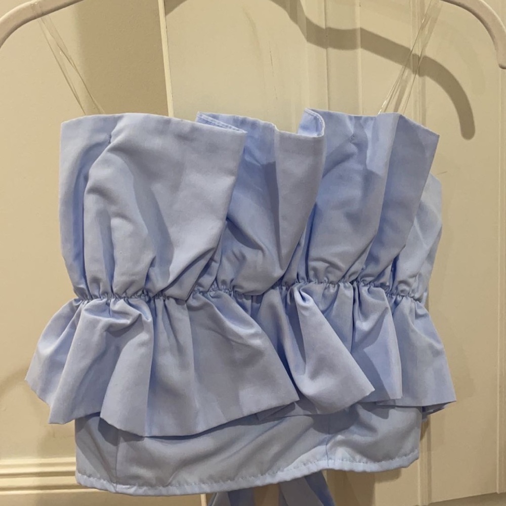 blue strapless ruffle top